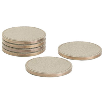 Luxe Beige Neutral Leather Coasters, Set of 6, Round Stackable Bronze Rim