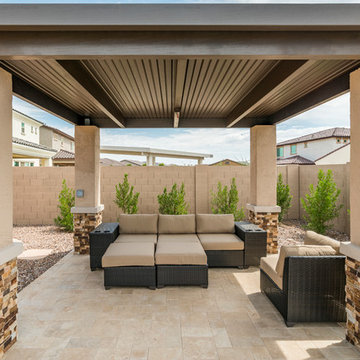 Tropical Pool Landscape with Travertine Deck, Custom Pergola in Mesa