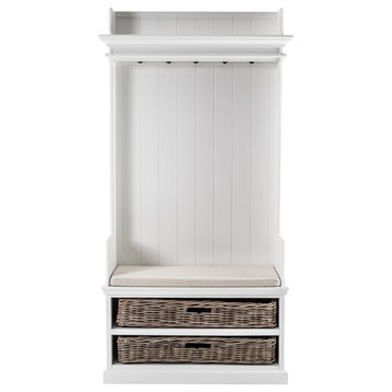 Classic White Entryway Coat Rack and Bench With Baskets