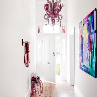Eclectic front door in Perth with beige walls, medium hardwood floors, a single front door, a white front door and beige floor.