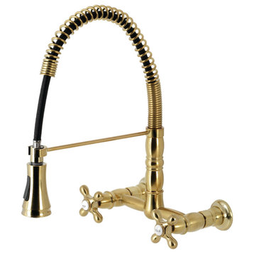 GS1247AX Two-Handle Wall-Mount Pull-Down Sprayer Kitchen Faucet, Brushed Brass