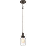 Quoizel - Quoizel Squire One Light Mini Pendant SQR1504RK - One Light Mini Pendant from Squire collection in Rustic Black finish. Number of Bulbs 1. Max Wattage 100.00 . No bulbs included. Shabby chic, industrial, rustic��_the Squire Collection contains all of these elements in one, cohesive design. The fixture body is comprised of pipes and elbows finished in a Rustic Black which features an aged appearance. The beautiful clear glass mason jars are embellished with fruit-inspired designs that encase vintage-style bulbs completing the farmhouse style. (Please note that the vintage bulbs are not included but are available for purchase.) No UL Availability at this time.