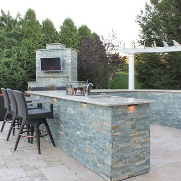 Stacked stone fireplace
