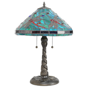 Serena d'italia Tiffany 2-Light Turquoise Dragonfly 21" Bronze Table Lamp