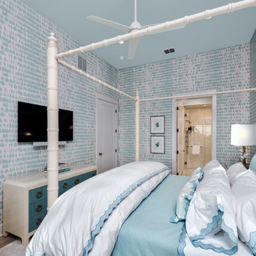 Schumacher Queen of Spain wallpaper in pale blue guest room