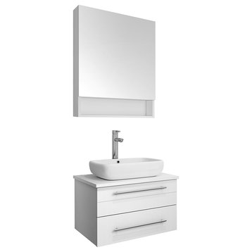 Lucera Wall Hung Vessel Sink Vanity With Medicine Cabinet, White, 24"