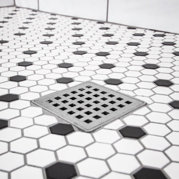 Black and White Hex Tile Shower Floor with Square Drain – Middleton MA