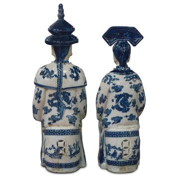 Blue and White Porcelain Qing Emperor and Empress Chinese Statue Set