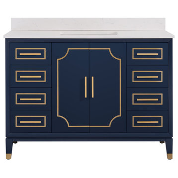 Melody Freestanding Bathroom Vanity with Wall Vanity Mirror and Quartz Top, Navy Blue, 48"