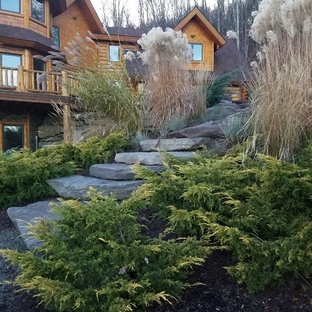 Inspiration pour un grand jardin chalet avec une entrée ou une allée de jardin, une exposition ombragée, une pente, une colline ou un talus et des pavés en pierre naturelle.