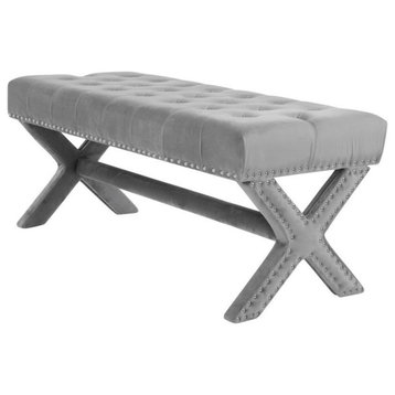 Posh Living Kennedy Tufted Velvet Bench with Nailhead Trim in Gray
