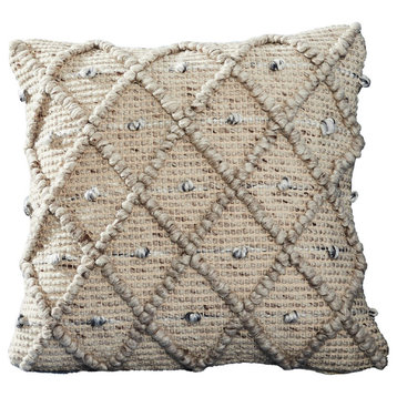 Benzara BM276699 18" Decorative Throw Pillow Cover, Beaded Diamond Design, Beige
