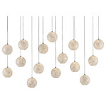 Currey & Company - Finhorn Rectangular 15-Light Multi-Drop Pendant - The Finhorn Rectangular 15-Light Multi-Drop Pendant has orb-shaped shades covered with small squares of mother of pearl, painstakingly hand-applied. The stem and canopy of the white pendant light are in a painted silver finish to keep the composition light. This fixture is among Currey & Company's introduction of cluster lights, which includes 1-light up to 36-light configurations. We also offer the Finhorn in an orb pendant.