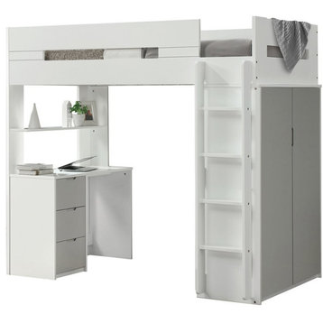 Bowery Hill Contemporary Wood Twin Storage Loft Bed with Desk in White/Gray