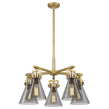 Newton Cone, 5 Light 7" Stem Hung Chandelier, Brushed Brass, Plated Smoke Glass