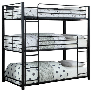 Benzara BM207737 3 Tier Bunk Bed with Attached Ladders, Black