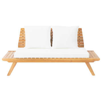 Kailee Outdoor Wooden Loveseat With Cushions, White/Teak