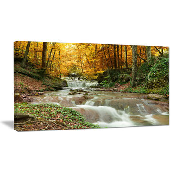 Forest Waterfall with Yellow Trees, Large Landscape Canvas Art Print, 32"x16"