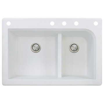 Radius 33" silQ Granite Drop-in Double Bowl Kitchen Sink with 5 Holes in White