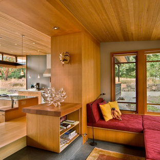 Esempio di un piccolo soggiorno moderno aperto con pareti grigie