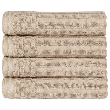4 Piece Checkered Border Cotton Hand Towel Set, Ivory