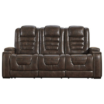 Modern Power Reclining Sofa, Faux Leather Seat With LED Lights, Chocolate