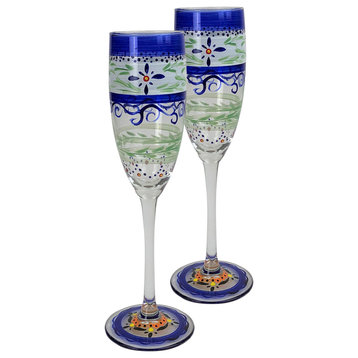 Blue Floral Champagne Glasses, Set of 2