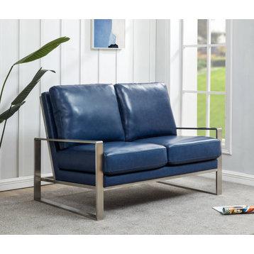 LeisureMod Jefferson Modern Faux Leather Loveseat With Silver Frame, Navy Blue