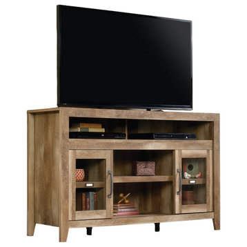Rustic TV Stand, Multiple Open Shelves & Doors With ID Label Tags, Craftsman Oak