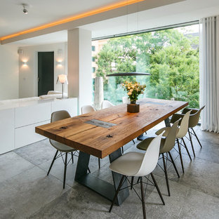 ベルリンの中サイズのコンテンポラリースタイルのLDKの画像 (白い壁、暖炉なし、コンクリートの床)