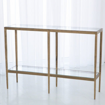 Minimalist Gold Iron Glass Console Table  Shelf Long Open Frame Metal Modern