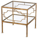Uttermost - Open Gold Iron Side End Table - Gold Leafed Iron With Clear Tempered Glass Top And Shelf. Item: Cube TablesDesign: Gold Leafed Iron With Clear Tempered Glass Top And Shelf. Size: 19. 25'' H X 19'' W X 19'' Deep. Weight: 25lbs. Materials: Premium METAL AND TEMPERED GLASS Heirloom Quality - Expertly hand crafted and hand finished. Due to the hand crafted nature of this piece, each piece may have subtle differences.