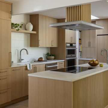 White Oak Contemporary Kitchen with Fluted Wood Detailing