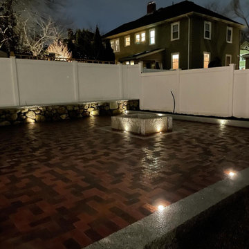 Outdoor Brick Patio w/Reclaimed Granite Firepit & Sitting Wall