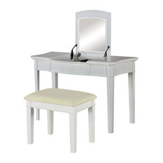 Transitional 2 Piece Wooden Vanity Table And Stool With 2 Drawers, White