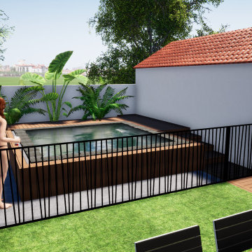 Piscine SPA semi-enterrée à débordement miroir et carreaux de ciment