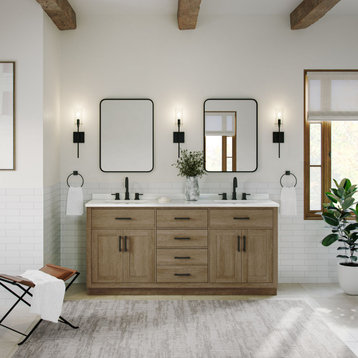 Camille 72" Double Bathroom Vanity in Driftwood Oak with White Marble Top