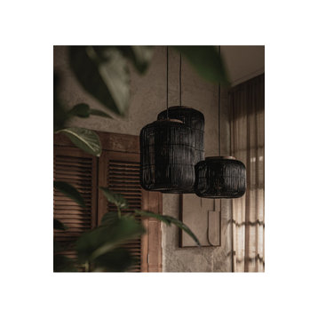 Black Rattan Hanging Lamp | dBodhi Barrel, W14 X D14 X H25