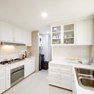 Small rustic kitchen pantry photos - Inspiration for a small rustic kitchen pantry remodel in Singapore with a drop-in sink and white cabinets