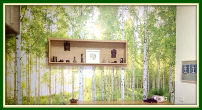 Bedroom main wall with nostalgic forest wallpaper and a custom made display box