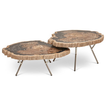 Relique Lastra Coffee Table, Set of 2, Polished Stainless Steel/Natural Dark Top