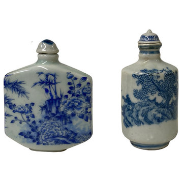 2 x Chinese Porcelain Snuff Bottle With Blue White Scenery Graphic Hws1241