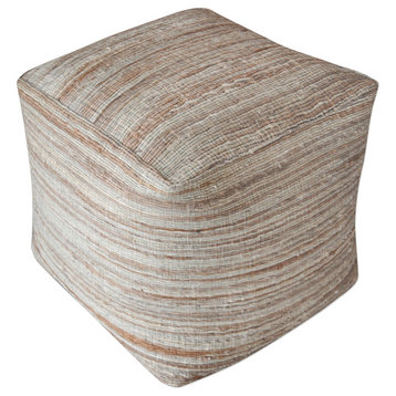 Soft Striped Golden Brown Beige Pouf, Natural Hemp Cube Seat Square Earth Tones