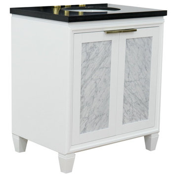 31" Single Sink Vanity, White Finish With Black Galaxy Granite With Oval Sink
