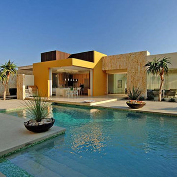 Hollywood Hills Glass Tile Swimming Pool, Vanishing Edge Spa, Entry Watershape
