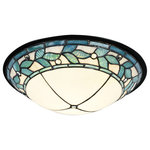 Dale Tiffany - Green Leaves Dome Flush Mount - UL Approved/ Dry/ Hardwire/ 1 x 18W LED Bulb Included/ Our Green Leaves series LED lighting adds an elegant, understated touch of the great outdoors to any room of your home or office. The shades begin with a background of crisp white art glass that is accented with bold filigree for contrast and definition. The shade's edge is bordered in a leafy vine in tranquil blue-green. The leaves are dotted with clear glass gems and are artistically nestled together between dual borders in matching colors. All are outfitted with 18W LED disk modules that have a lifespan of approximately 50.000 hours. Hung from a metal frame finished in Tiffany Bronze, our Green Leaves Flush Mount Fixture is the ideal choice for kitchens, powder rooms, bedrooms and family rooms. The restful colors and timeless design will give you a variety of decorating options that are limited by your own imagination.