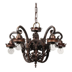 Superb Antique Gothic Revival Cast Bronze Five-Light Chandelier - Chandeliers
