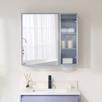 Solid Wood Bathroom Medicine Cabinet With Lights, Defogger, Lavender, 30"x28"
