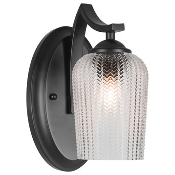 Zilo Wall Sconce Shown, Matte Black Finish With 5" Clear Textured Glass