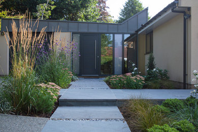 Inspiration for a medium sized contemporary front partial sun garden for summer in Other with a garden path.